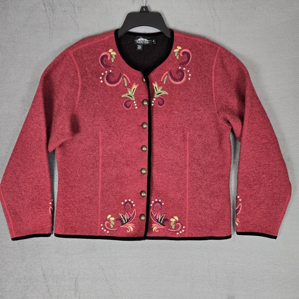Icelandic Design Cardigan Womens Medium‎ Embroidered Wool Red Sweater Jacket